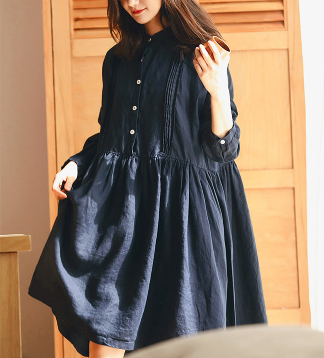 Black Tunic Dress Long Sleeve Maxi Dress Midi Dress Linen Pleated Dress ...