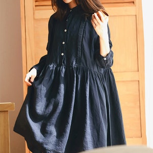 Black tunic dress long sleeve maxi dress midi dress linen pleated dress linen dress plus size linen clothing