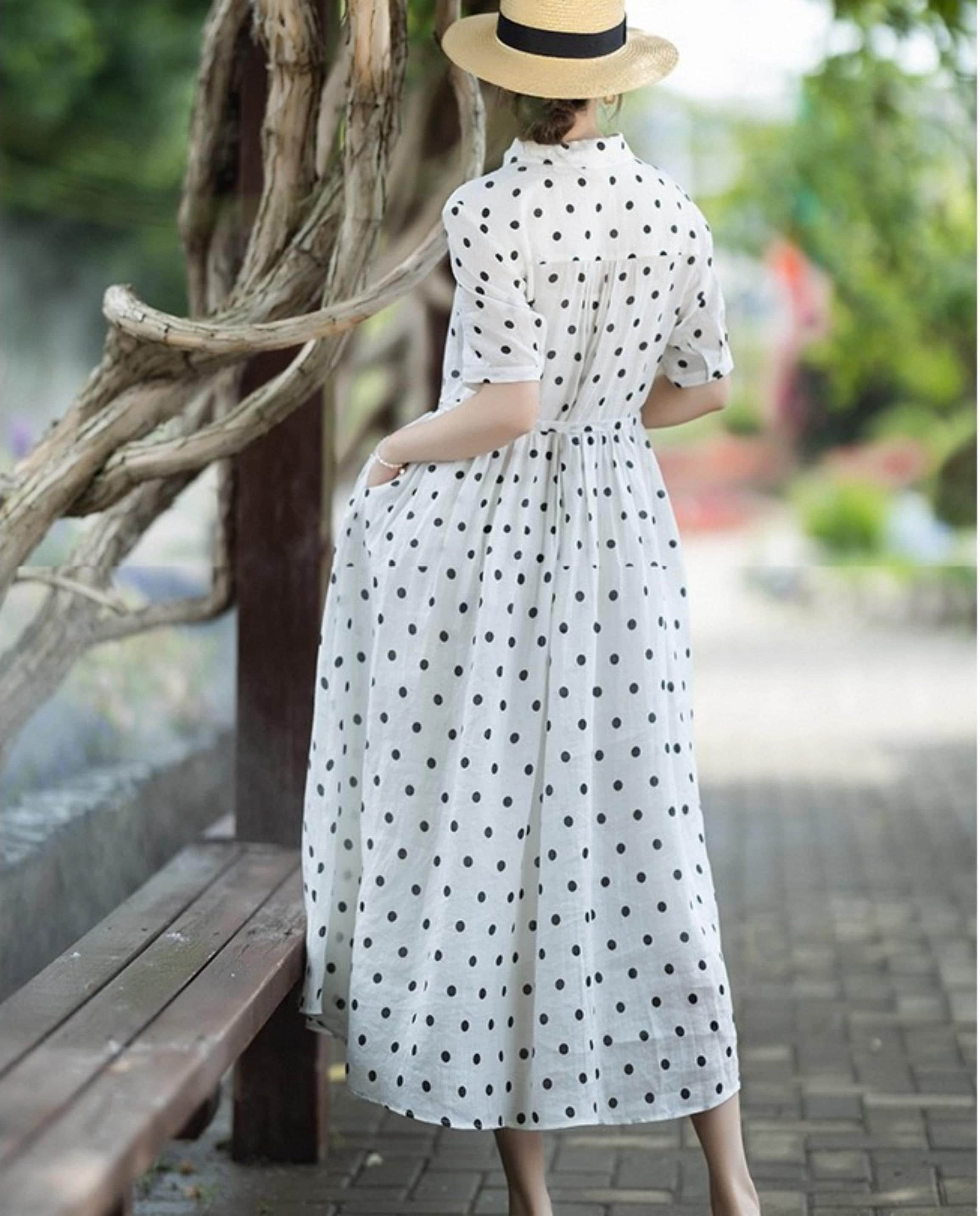 white polka dot chiffon dress Black & White Polka Dot Chiffon Dress - Flowy A-Line Silhouette 2365