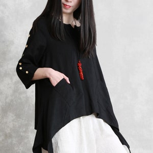 3/4 Sleeve black linen tunic,loose cotton top,spring linen top,asymmetrical shirt,maxi blouse,plus size clothing,linen clothing