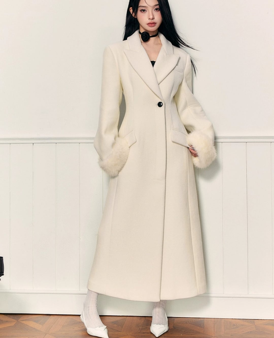 Women White Wool Jacket,long Fitted Coat With Faux Fur Cuffs,plus