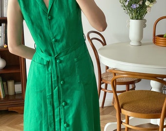 V-neck Green Linen Tunic Dress,Sleeveless Button up Linen Dress,Boho Dress,Day dress,Handmade Dress