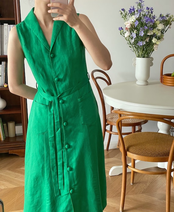 V-neck Green Linen Tunic Dress,Sleeveless Button up Linen Dress,Boho Dress,Day dress,Handmade Dress