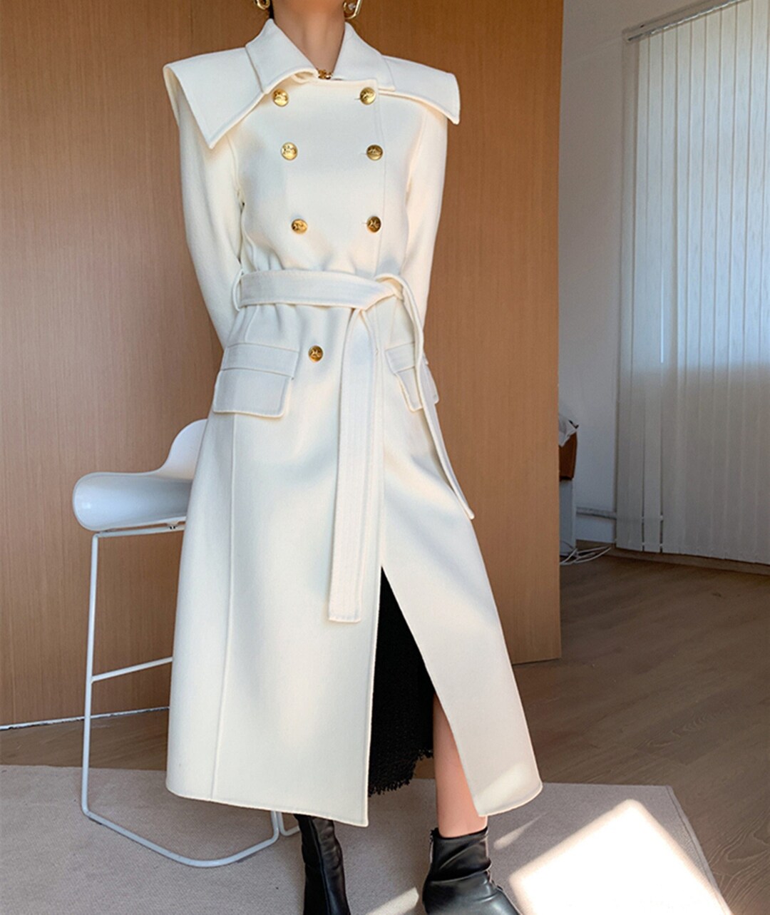 White Winter Jacket,big Collar Wool Coat,long Cashmere Jacket,wool Belt Coat,women Winter Coat