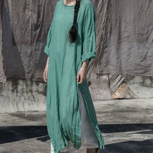 Green dress,loose linen dress,side slit dress,tunic dress,long gown,summer dress,plus size clothing,linen clothing for women