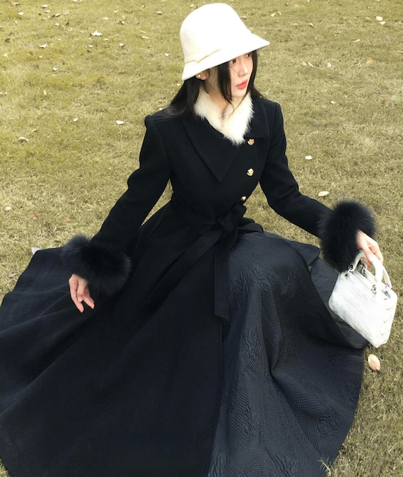 Handmade Black Wool Princess Coat, Faux Fur Cuffs, Long Swing Coat