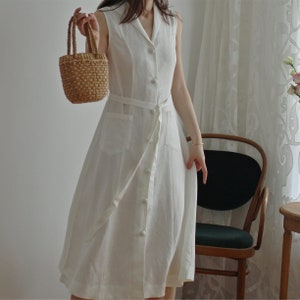 V-neck White Linen Tunic Dress,Sleeveless Button up Linen Dress,Boho Dress,Day dress,Handmade Dress