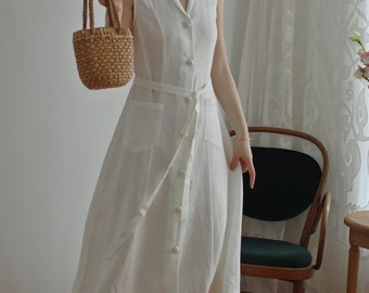 V-neck White Linen Tunic Dress,Sleeveless Button up Linen Dress,Boho Dress,Day dress,Handmade Dress