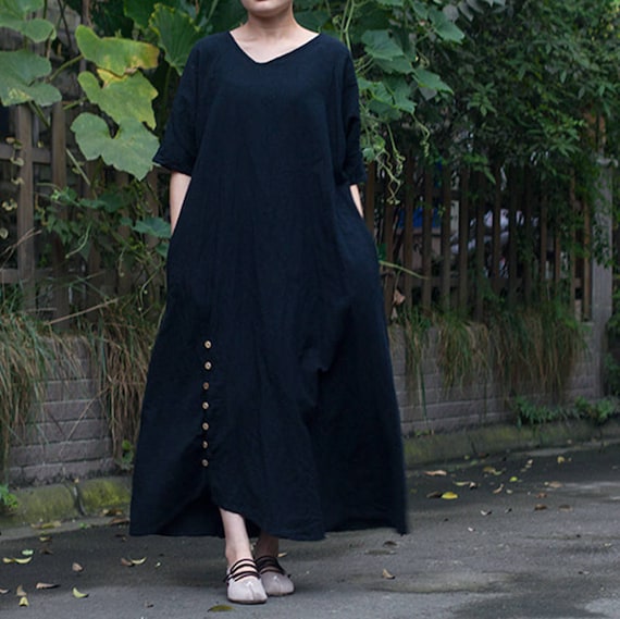 Black tunic dress summer dress linen dress large size maxi dress loose caftan plus size clothing linen long dress maternity dress