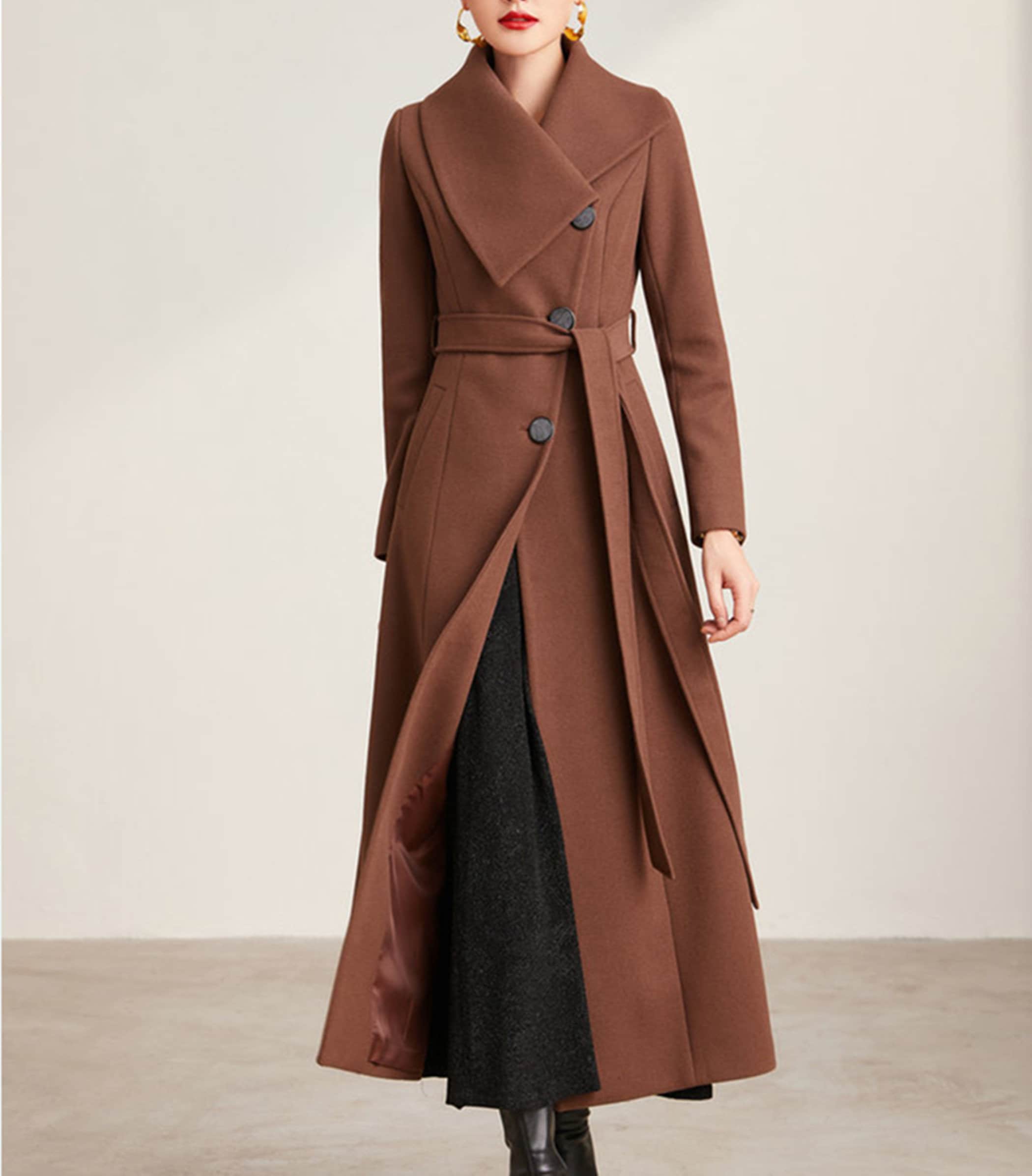 【Lo'r】Wide Collar Coat Dress Big Collar Long Coat,women Wool Dress Coat,full Length Cashmere
