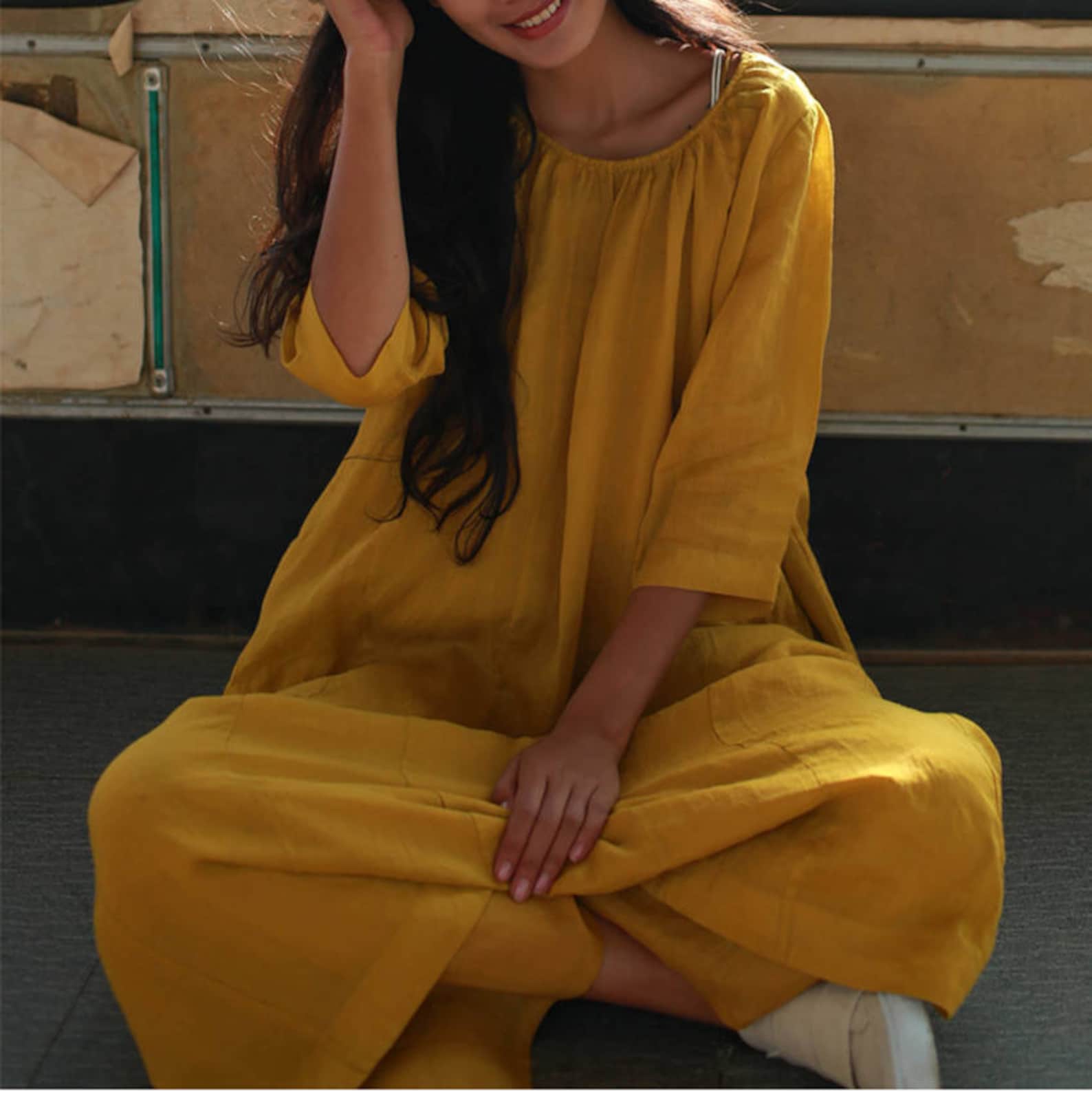 Yellow Tunic Dress 3/4 Sleeve Long Dress Loose Caftan Linen Etsy