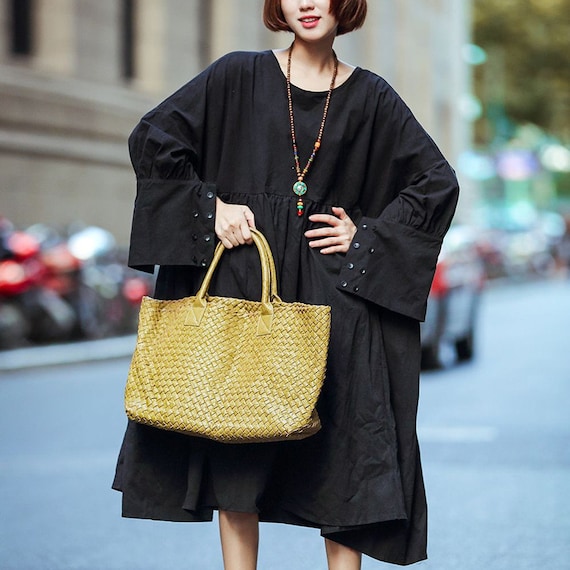 cotton linen woman dress black Cotton Linen Dress, Women Black Midi Dress, Minimalist Long Dress With Pockets, Bohemian Dress Summer Robe Longue, Plus Size Clothing A30