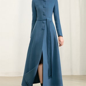 Blue Long Full Length Wool Jacket,High Collar Warm Cozy coat,Belt Coat,Winter coat,Long Sleeve Coat Dress,Plus Size Clothing