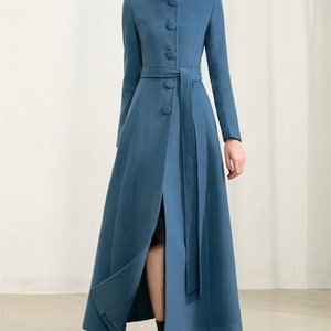 Giacca lunga blu in lana, cappotto caldo e accogliente con collo alto, cappotto con cintura, cappotto invernale, abito con cappotto a maniche lunghe, abbigliamento taglie forti