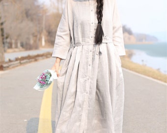 3/4 Loose tunic dress,long pleated linen dress,maxi dress,casual dress,day dress,custom,plus size dress