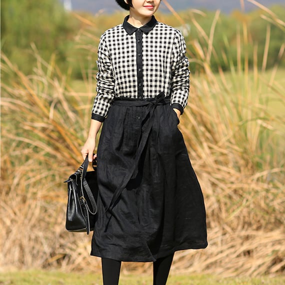 black and white linen dress Casual Dress,long Sleeve Dress,pleated Dress,black Check Patchwork,spring Dress,women Scanlan theodore Tracy Mini Dress - pink hoco dress its a dress for Options:Full set(Shirt Tutu & Hairbow)