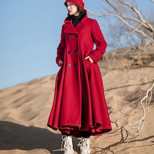 Red coat,cashmere coat,full length wool jacket,designer coat,warm cozy coat,pleated dress coat,wool coat,plus size winter coat,gift for her