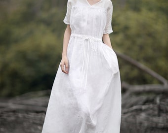 V-neck Linen Dress,White Drawstring Women Linen Dress,Summer dress,Long Linen Dress,day dress,plus size clothing,handmade dress