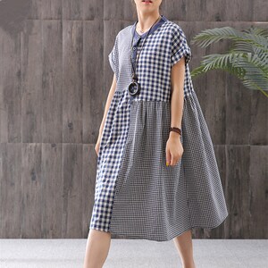 Blue Check Print Tunic Dress,short Sleeve Linen Cotton Dress,midi Dress,loose  Dress,plus Size Clothing Women Dress - Etsy