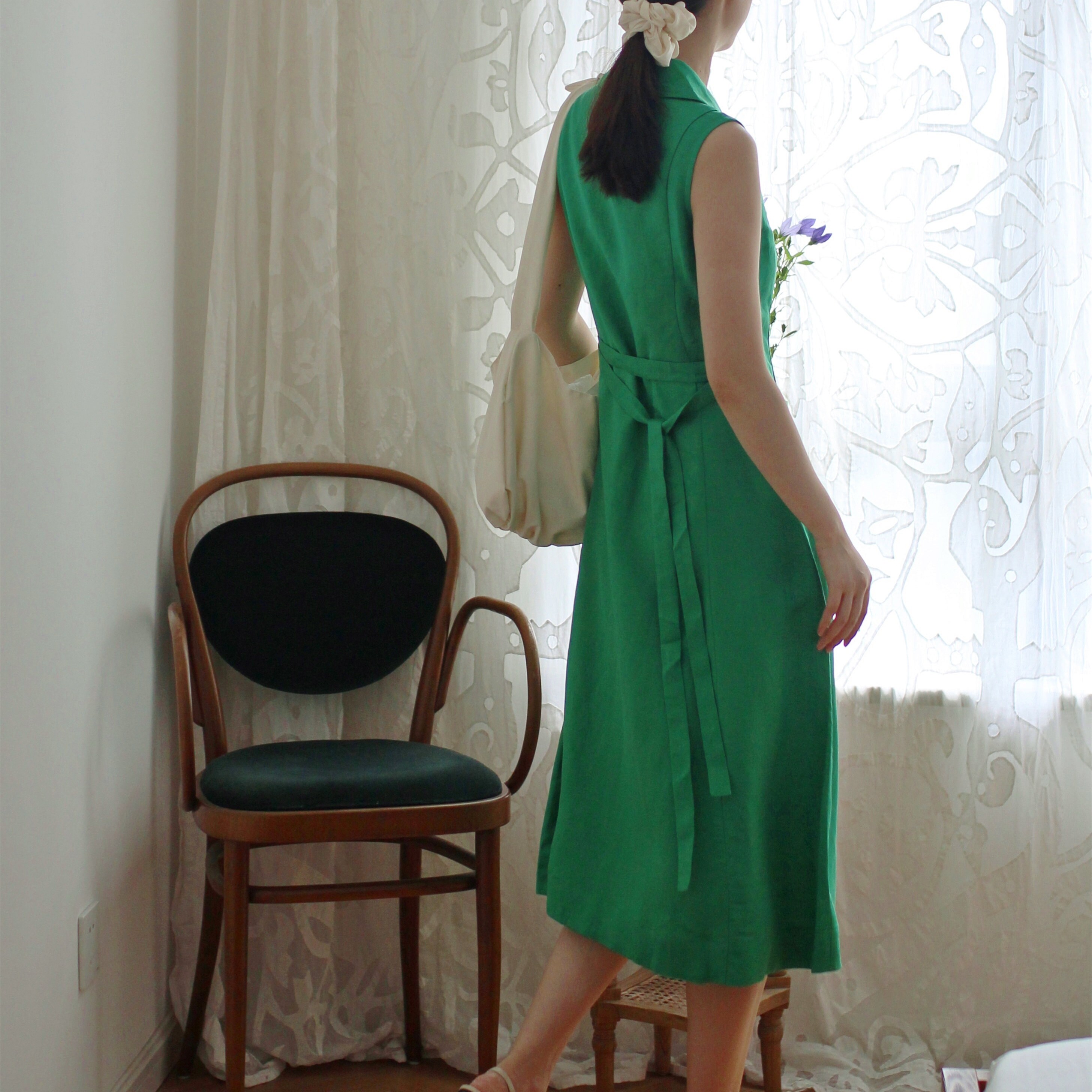 V-neck Green Linen Tunic Dress,Sleeveless Button up Linen Dress,Boho Dress,Day dress,Handmade Dress