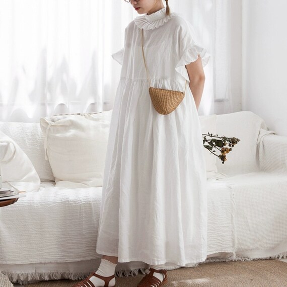 High Collar Linen Dress,short Sleeve Linen Pleated Dress,smock Linen Dress,summer  Dress,women Long Linen Dress - Etsy