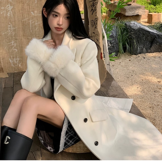 Women White Wool Jacket,long Fitted Coat With Faux Fur Cuffs,plus Size Winter  Coat,winter Wool Dress Coat,princess Coat,wedding Wool Coat - Etsy