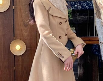 Camel Wool Fitted Coat,wide Collar Winter Wool Swing Coat,buttons