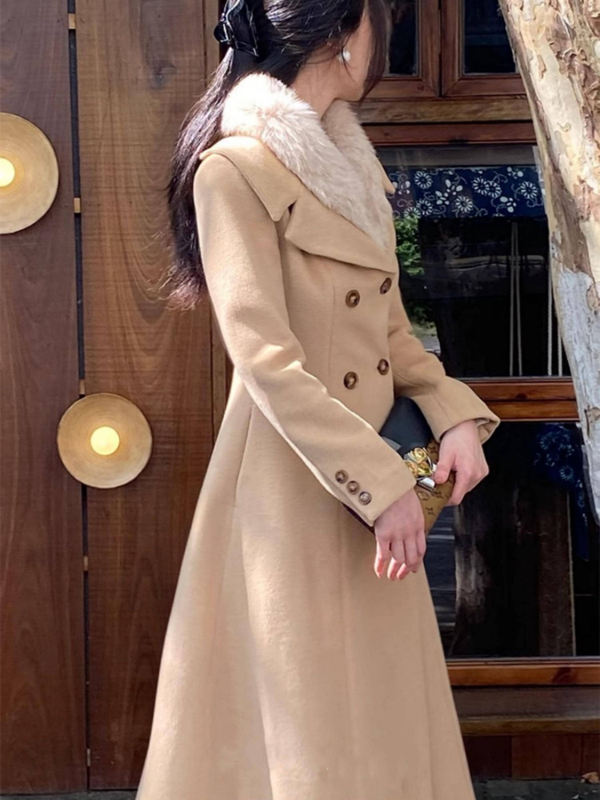 Camel Wool Fitted Coat,wide Collar Winter Wool Swing Coat,buttons
