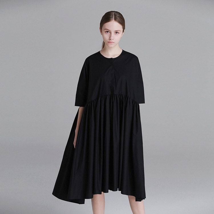 Black linen dress short sleeve maxi shirt cotton dress pleated | Etsy
