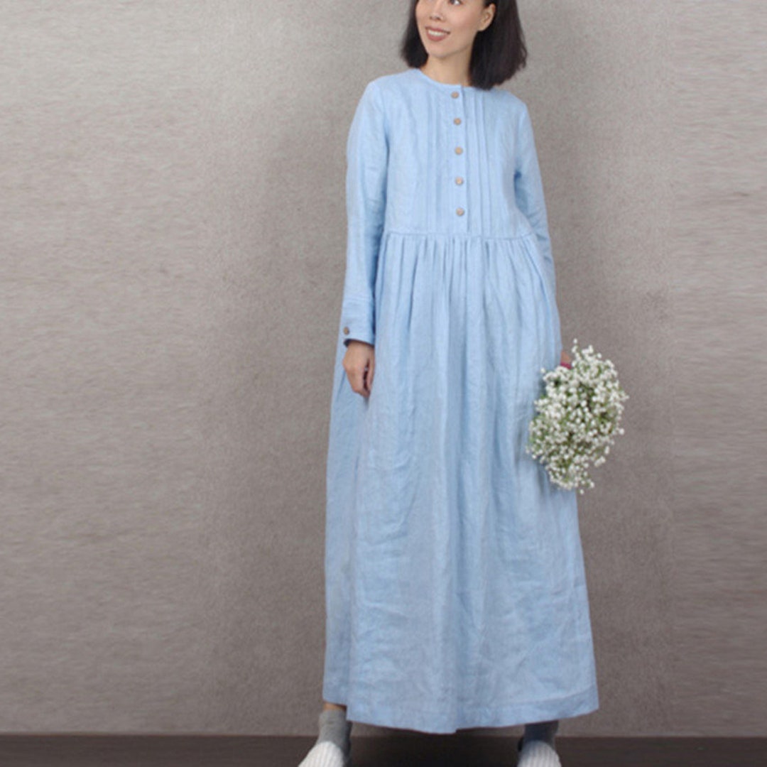 Blue Dressloose Tunic Dresslong Pleated Linen Dressmaxi - Etsy