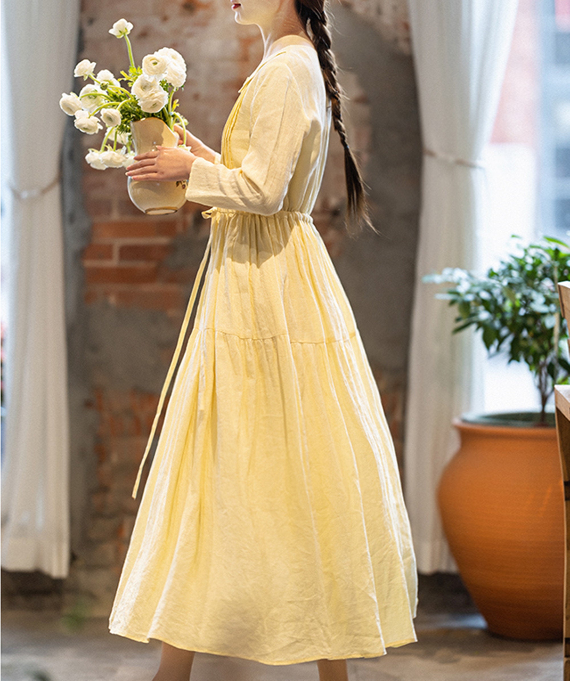 Yellow Linen Dress,3/4 Sleeve Linen Dress with Pockets,Summer Long Dress,Smock Linen dress,Vintage Linen Dress,Gift for Her