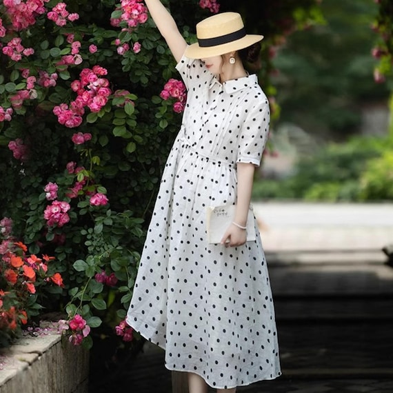 white long sleeve polka dot dress White Polka Dot Long Sleeve Collared Maxi Shirt Dress with Belt