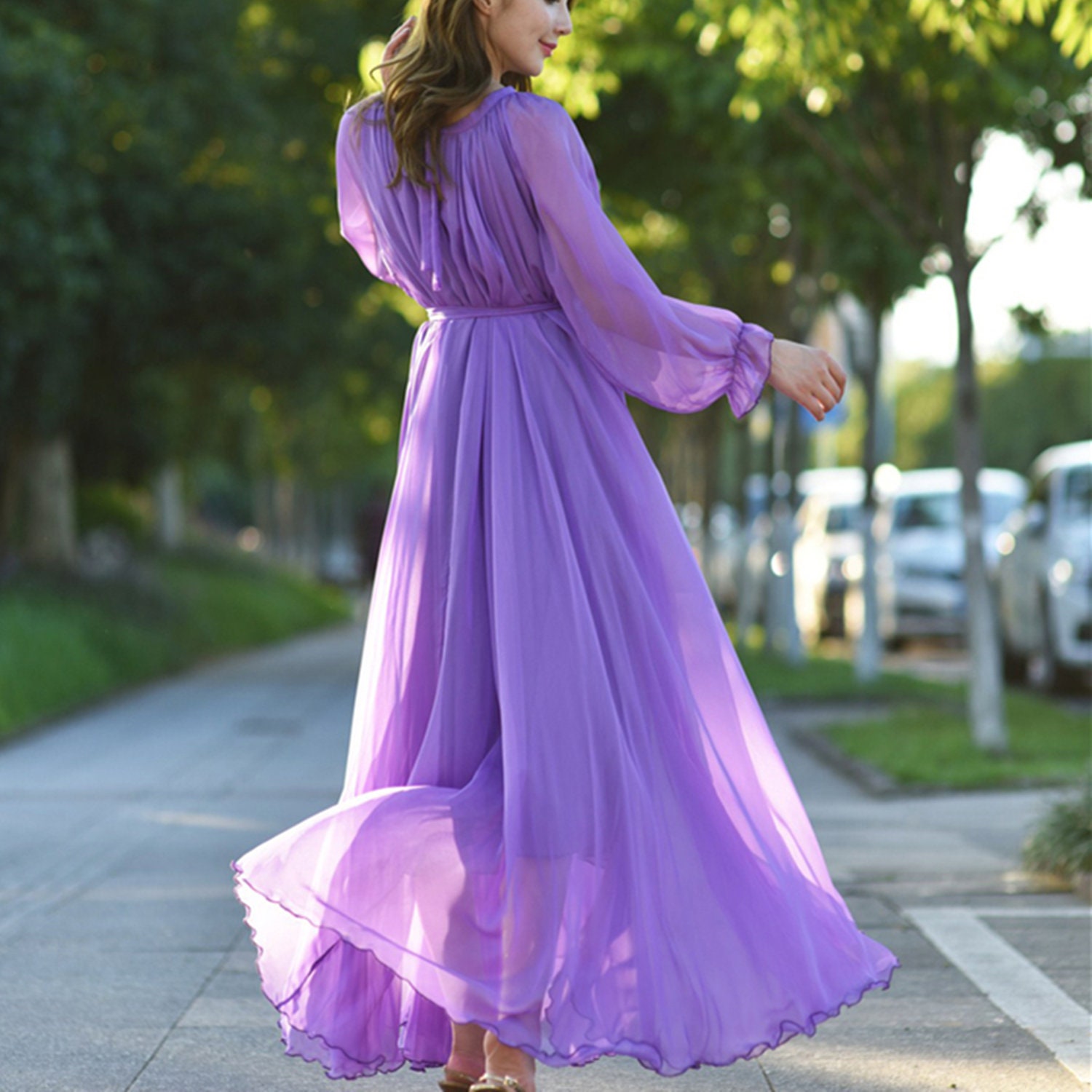 Purple chiffon dress long deals