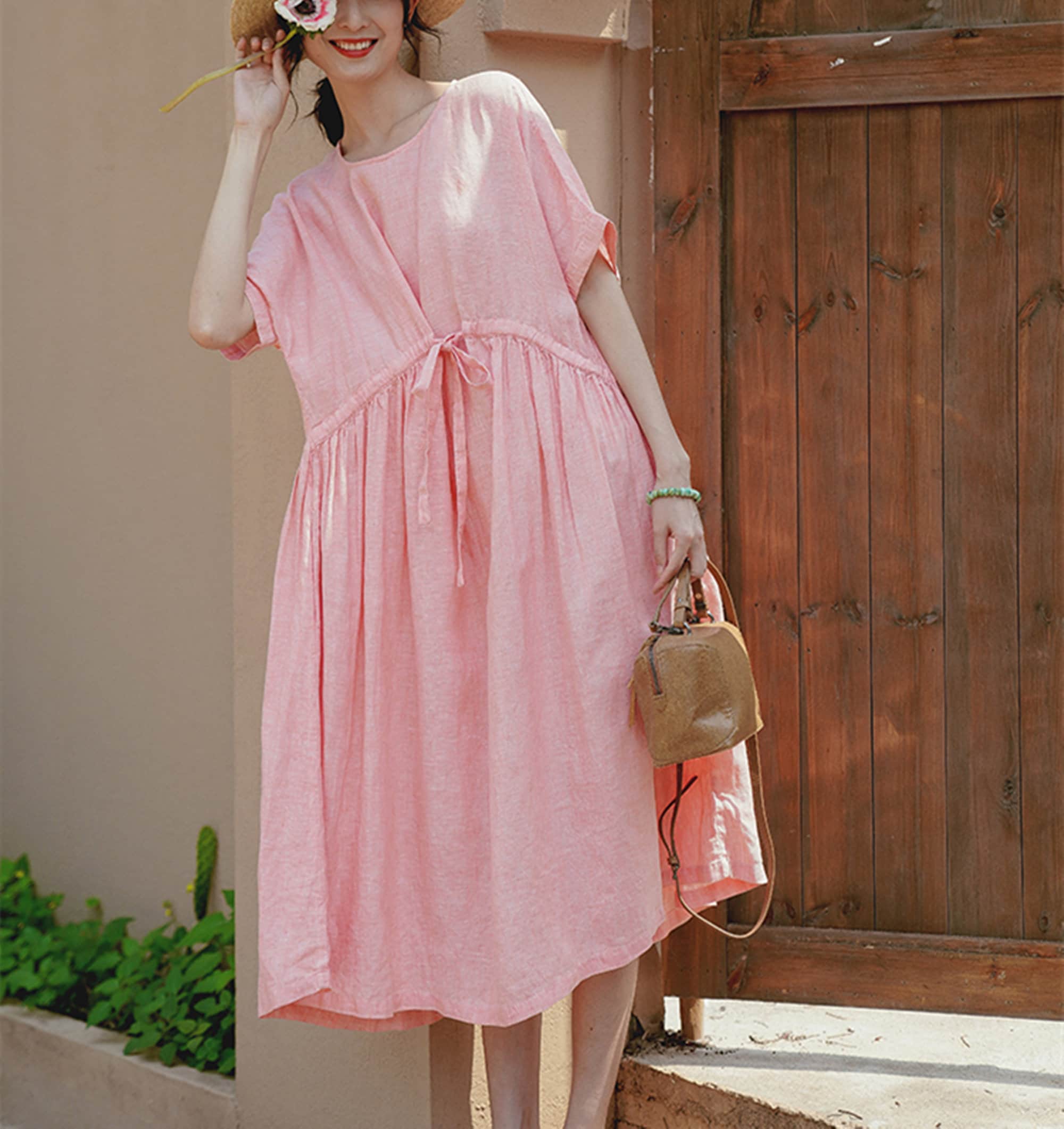 Pink Linen Dresslinen Maxi Dresslinen Pleated Dressdress - Etsy