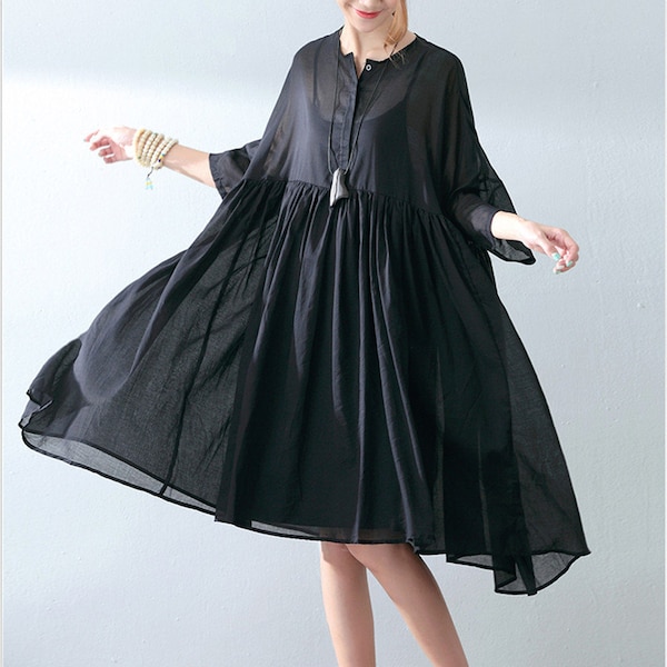 Black dress,loose linen dress,maxi dress,casual tunic dress,knee length pleated dress,large size blouse with cotton slip,plus size clothing