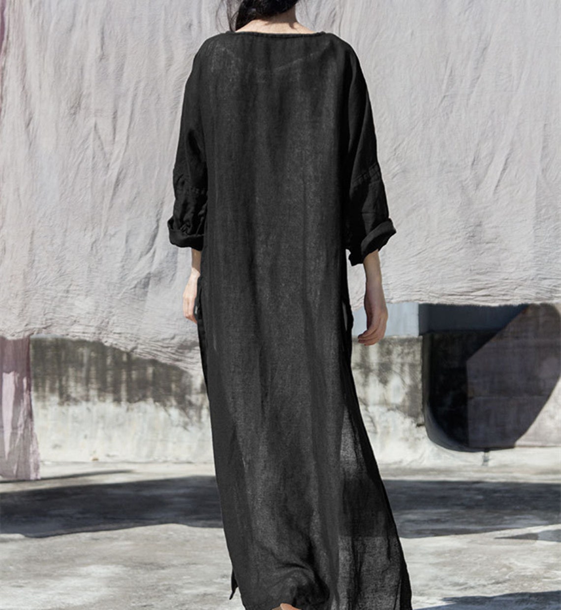 Black Dressloose Linen Dressside Slit Dresstunic Dresslong | Etsy