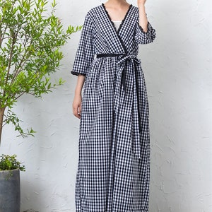 3/4 Sleeve summer dress with belt,check print linen dress,party dress,long shift dress,linen maxi dress,plus size clothing,custom