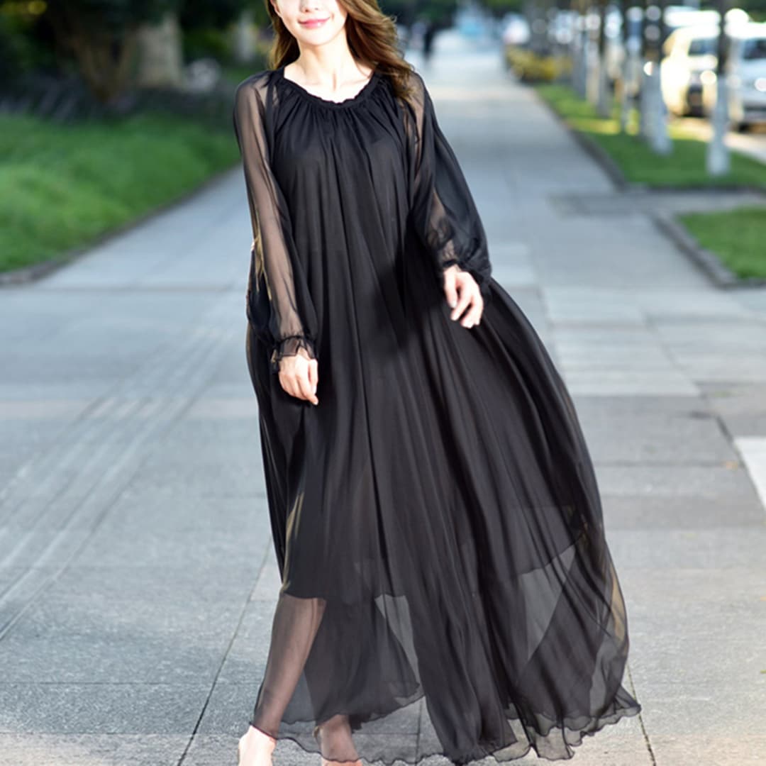 Black Chiffon Dress With Sleeves Black Chiffon Long Sleeves V-neckline  Party Dress, Black Formal Dress