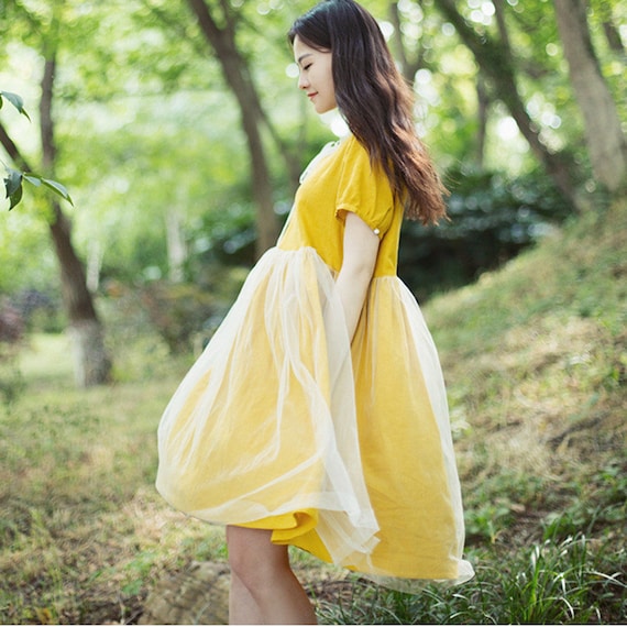 Yellow dress summer lace dress linen dress tutu dress short sleeve babydoll dress party dress handmade dress