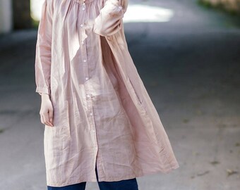 Rosa linneskjorta för kvinnor, långärmad linnetopp, linnetunika, lång kaftan, vårtopp, linnemaxitopp, plus size-kläder