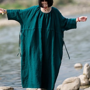 3/4 Sleeve Green Tunic Dress,Linen Smock Dress,Linen Cotton dress,Linen Maxi Dress,Loose Cotton Dress,Summer Dress,Oversize Dress