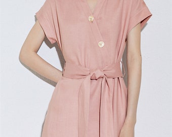 V-Neck Linen Dress with Belt,Linen Buttons Dress,Casual Dress,Midi Dress,Handmade Dress