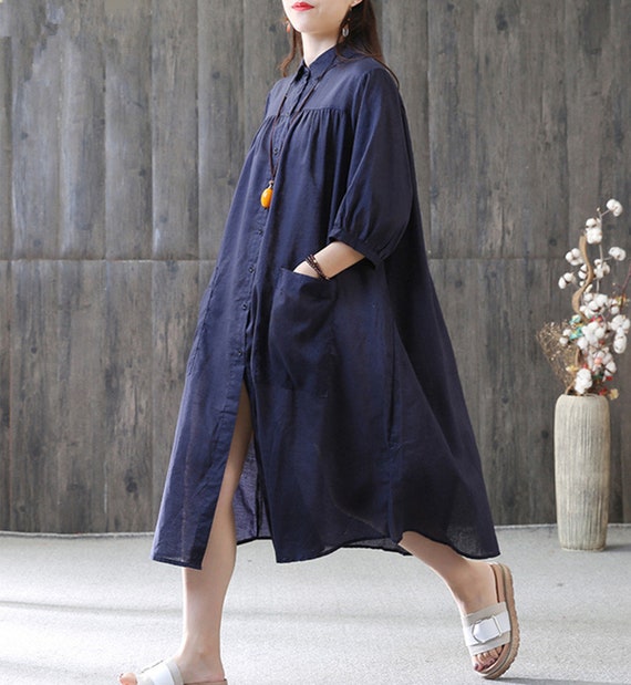 Navy Linen Tunic Dress, Oversize Caftan, Plus Size Clothing