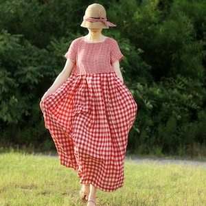 Red check linen dress,full-length tunic dress, kaftan dress, loose fitting dress,linen maxi dress,plus size clothing,handmade dress