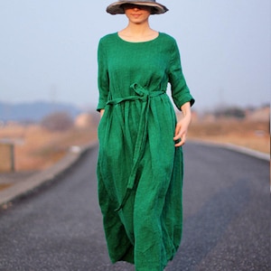 Green dress spring linen dress 3/4 sleeve linen maxi dress long pleated dress linen tunic loose caftan handmade dress
