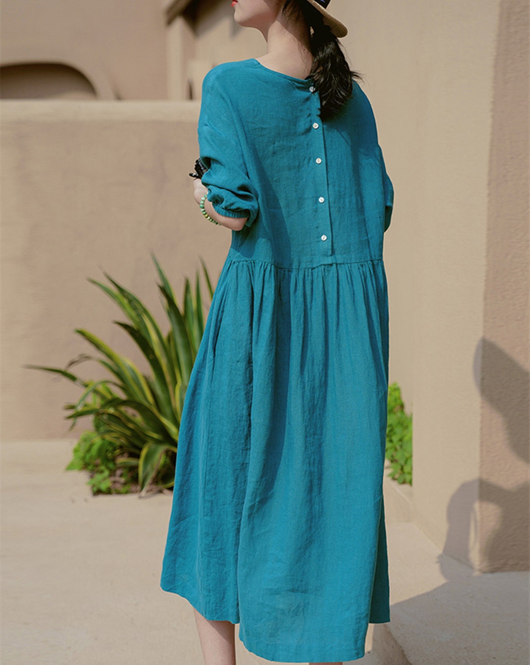Blue Linen Dress,half Sleeve Tunic Dress,day Linen Dress