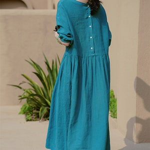 Blue Linen Dress,Half Sleeve Tunic Dress,Day dress,Organic Linen Dress,Pleated Dress,Handmade Dress