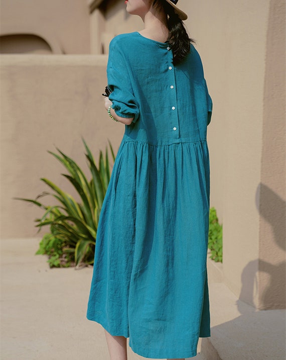 Blue Linen Dresshalf Sleeve Tunic Dressday Dressorganic | Etsy