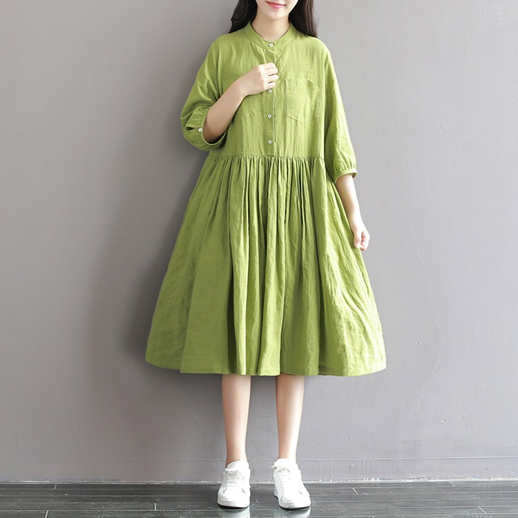 Green Tunic Dress Linen Maxi Dress Pleated Dress Linen Dress | Etsy