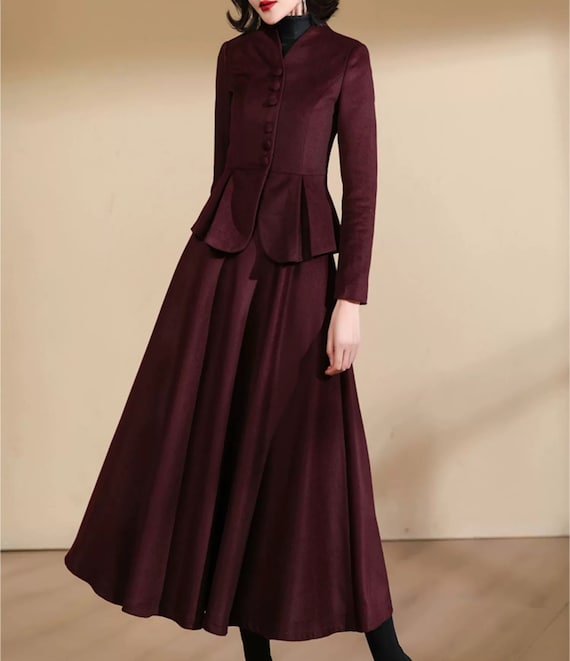 Burgundy Wool Coat,Wool Princess Coat,Winter Wool Coat With Wool Skirt,Dress Coat,Handmade Coat